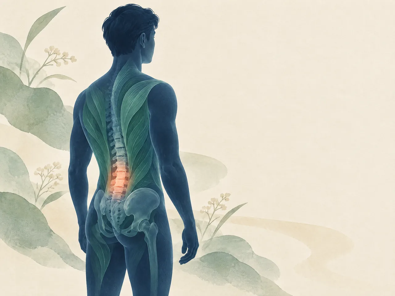 how does acupuncture help back pain — Editorial lumbar anatomy illustration of a standing adult shown from behind, with the lower spine, pelvic bones and back muscle layers visible and a restrained coral lumbar focus — Hong Kong