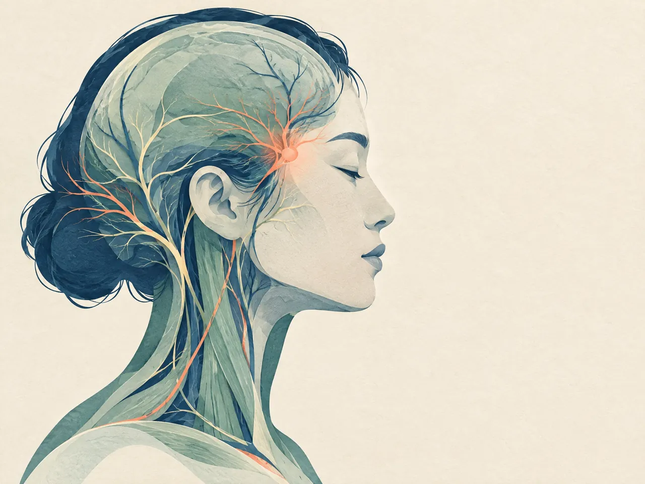 migraine medication side effects — A calm side-profile head and upper neck with layered cranial and neck anatomy, fine neural and circulation motifs, and a restrained coral temple focal point — Hong Kong