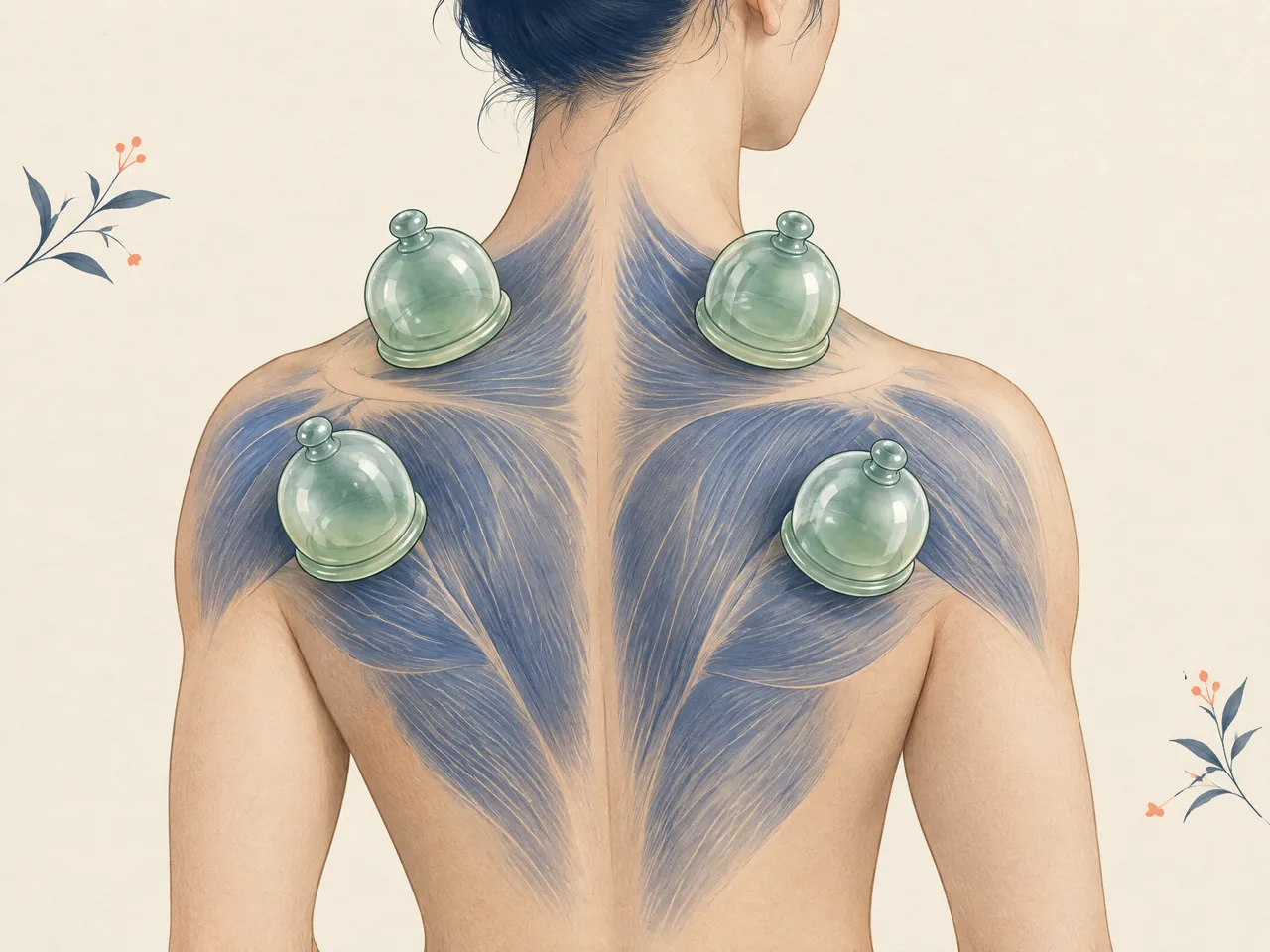 cupping therapy Hong Kong — Four translucent jade cups placed across an illustrated upper back with a non-graphic blue muscle contour overlay — Hong Kong