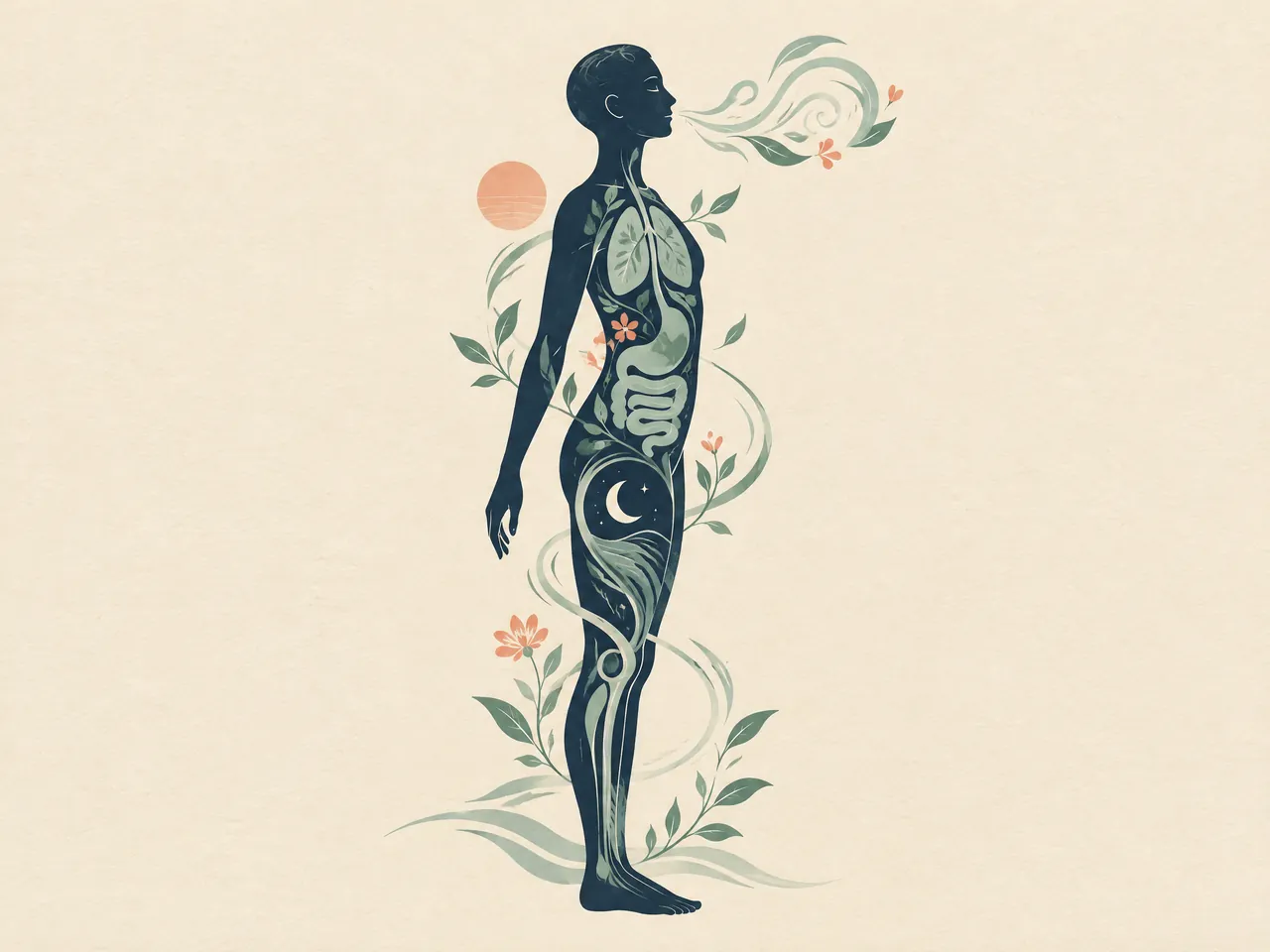 muscle strain red flags — A calm full-body silhouette with abstract breath, digestion, sleep and movement motifs, showing whole-person context for a consultation — Hong Kong