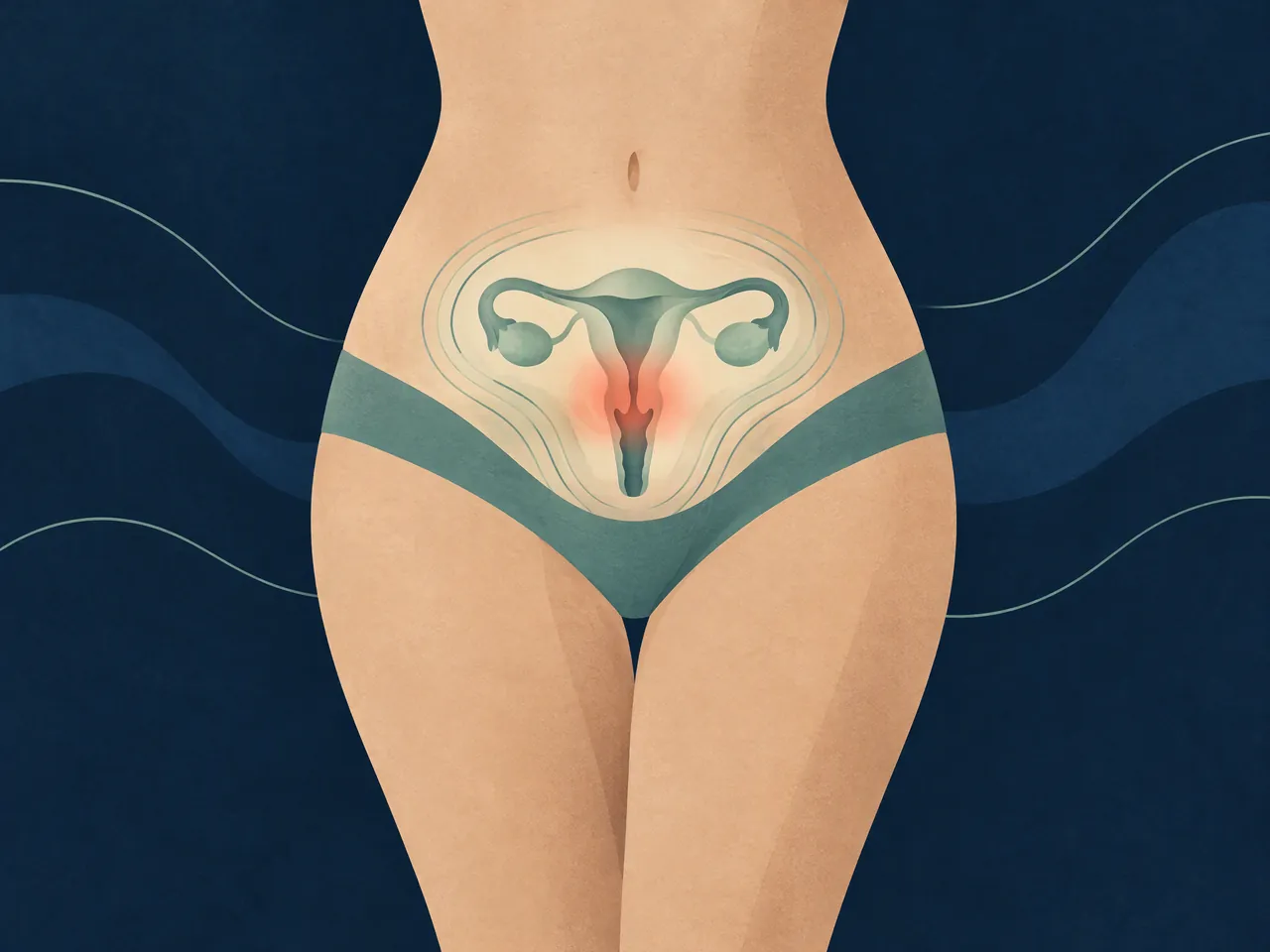 sciatica diagnosis and examination — Simplified lower-torso anatomy with uterus and ovaries, a gentle coral cramp-area glow, and jade contour lines — Hong Kong