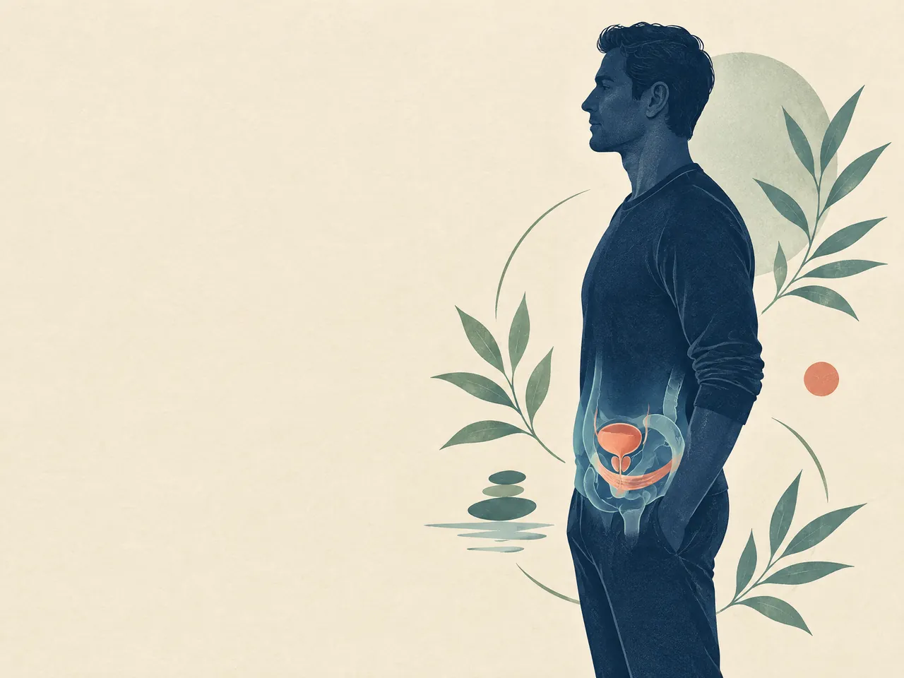 when should I seek urgent help for difficulty urinating — A dignified man in profile with a simplified non-graphic lower-abdomen anatomy overlay suggesting the bladder, prostate region and pelvic floor — Hong Kong