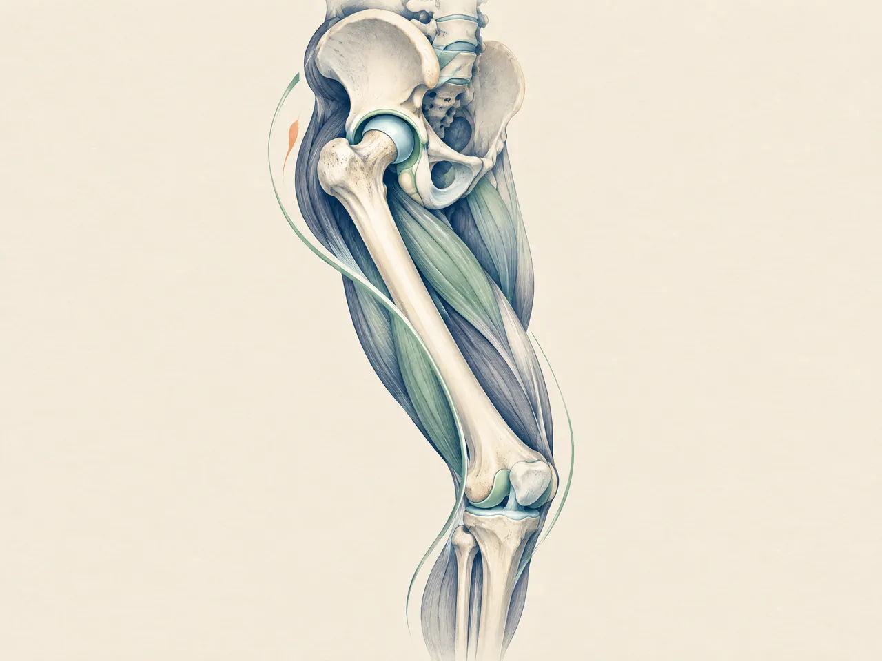 does acupuncture help hip pain — Layered anatomical study of the pelvis, hip joint, femur and knee, with muted jade muscle and cartilage detail — Hong Kong