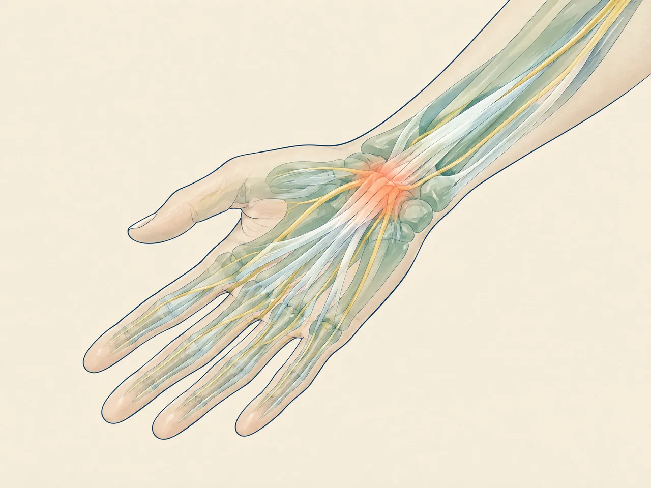 wrist pain — An anatomical editorial study of a forearm, wrist and open hand, with translucent carpal bones, tendons and nerves and a restrained coral wrist highlight — Hong Kong