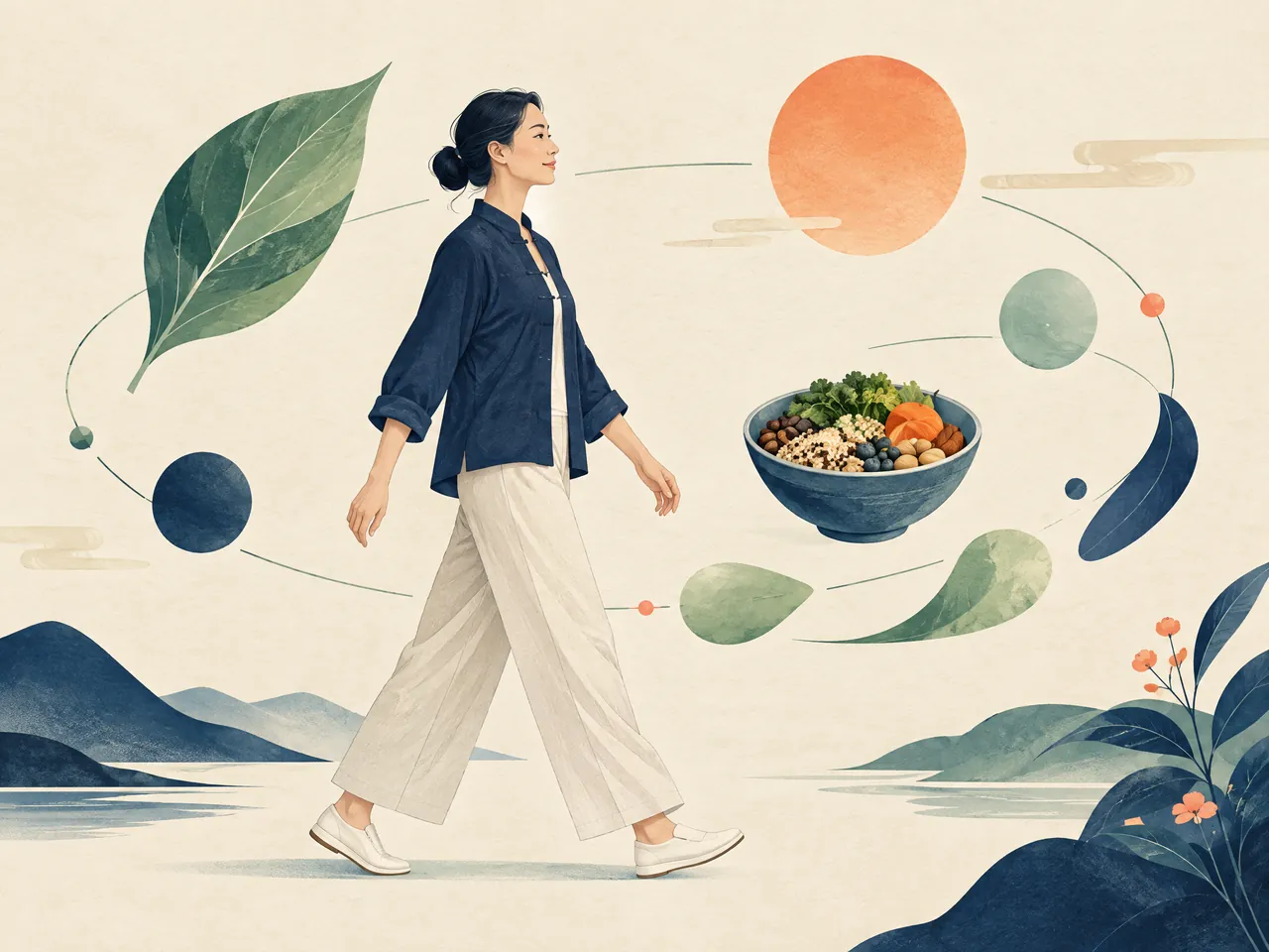What should I ask before acupoint embedding? — An East Asian adult walks calmly among a leaf, a balanced food bowl, and abstract daily-rhythm forms — Hong Kong