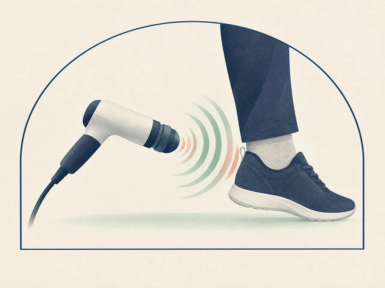 pain assessment — An unbranded shockwave handpiece uses soft jade and coral wave rings beside a clothed lower leg and heel — Hong Kong