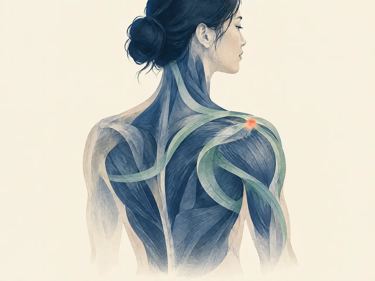tui-na Hong Kong — Layered neck and shoulder anatomy with abstract tui-na pressure pathways — Hong Kong