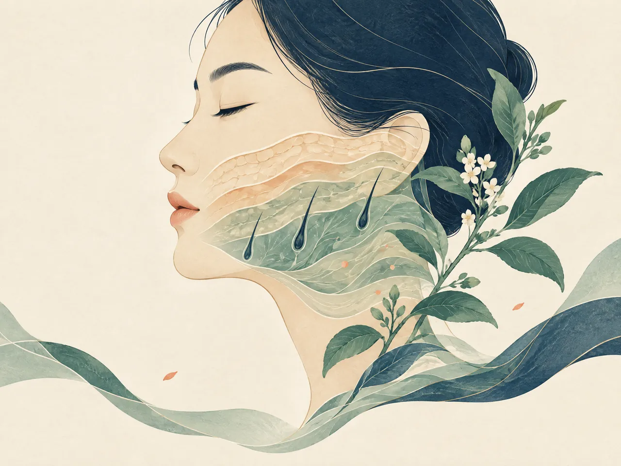 eczema itching relief — Calm facial skin cross-section with translucent layered epidermis and dermis, hair follicles, and a botanical sprig — Hong Kong