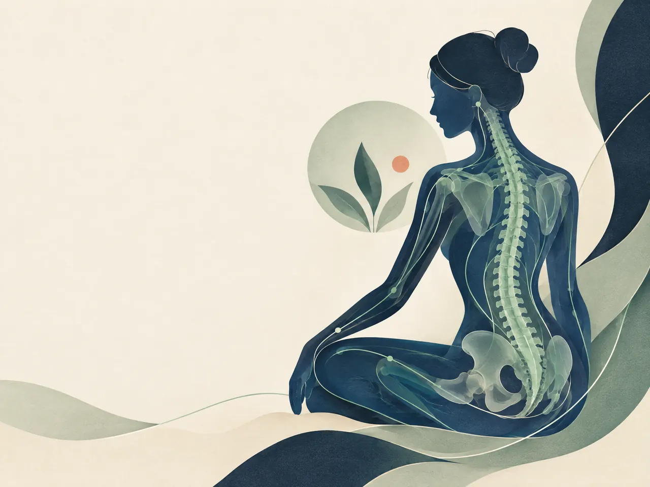 Kwun Tong Chinese medicine clinic — Calm seated anatomical orientation portrait with a visible spine, shoulder girdle, hips and jade pathway details — Hong Kong