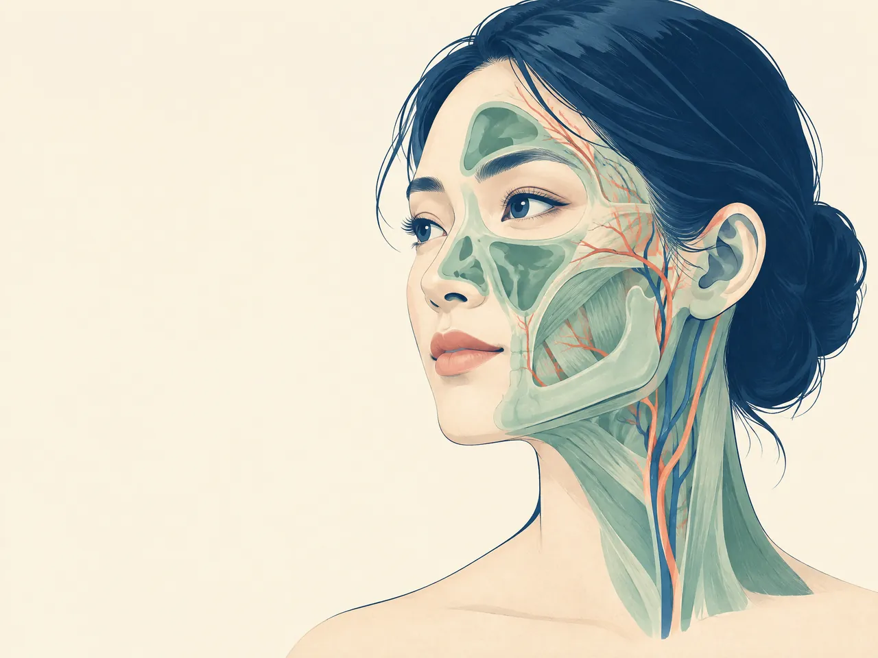 acne scar types — Layered facial anatomy illustration showing the jaw, facial muscles, sinuses and circulation in a calm three-quarter portrait — Hong Kong