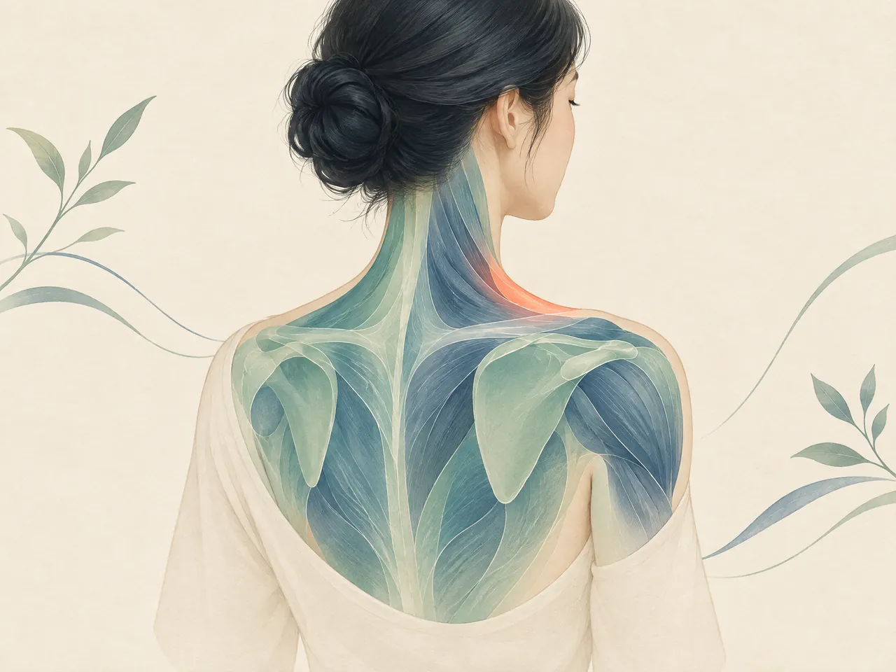 acupuncture for rounded shoulders — Layered posterior view of the neck, shoulder blades and upper back, with a discreet coral highlight at the neck-to-shoulder junction — Hong Kong