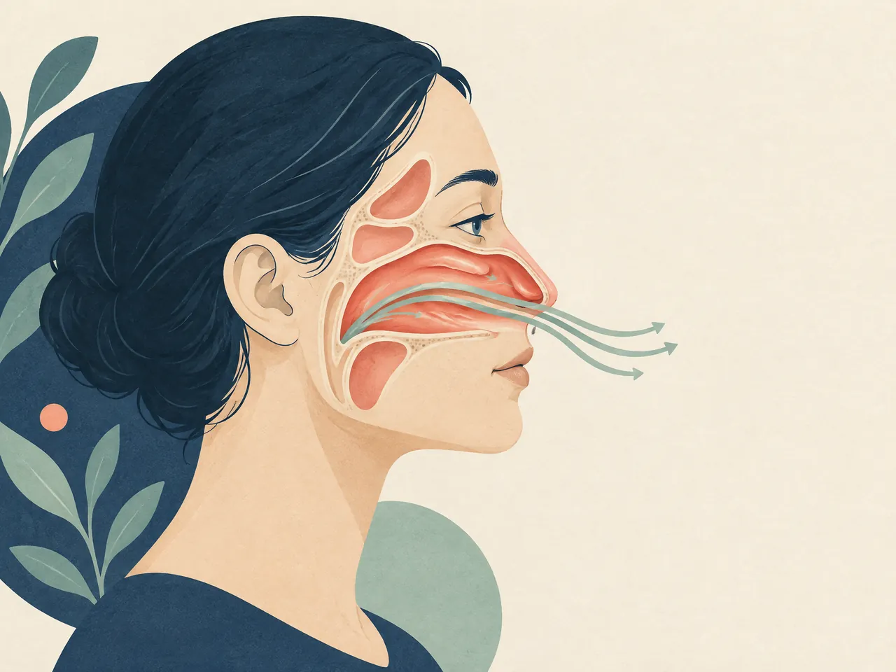 non-allergic rhinitis — A calm side-profile cutaway of the nasal cavity and sinuses, with a muted coral nasal lining and jade airflow ribbons — Hong Kong