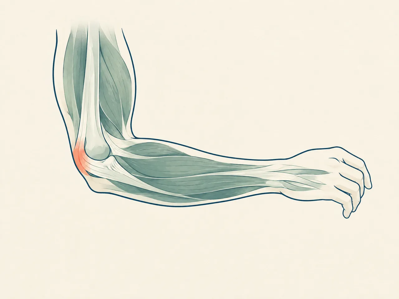 tennis elbow TCM — Layered anatomical illustration of a bent arm showing the elbow joint, tendons and forearm muscle groups — Hong Kong