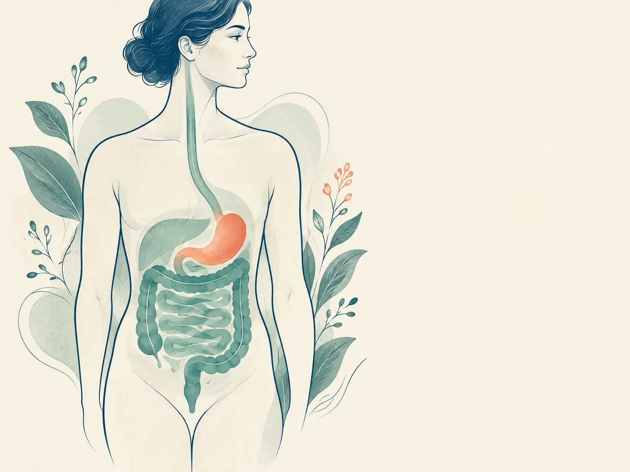 IBS acupuncture — A calm anatomical torso illustration showing the oesophagus, stomach and intestinal pathway in simplified jade layers — Hong Kong