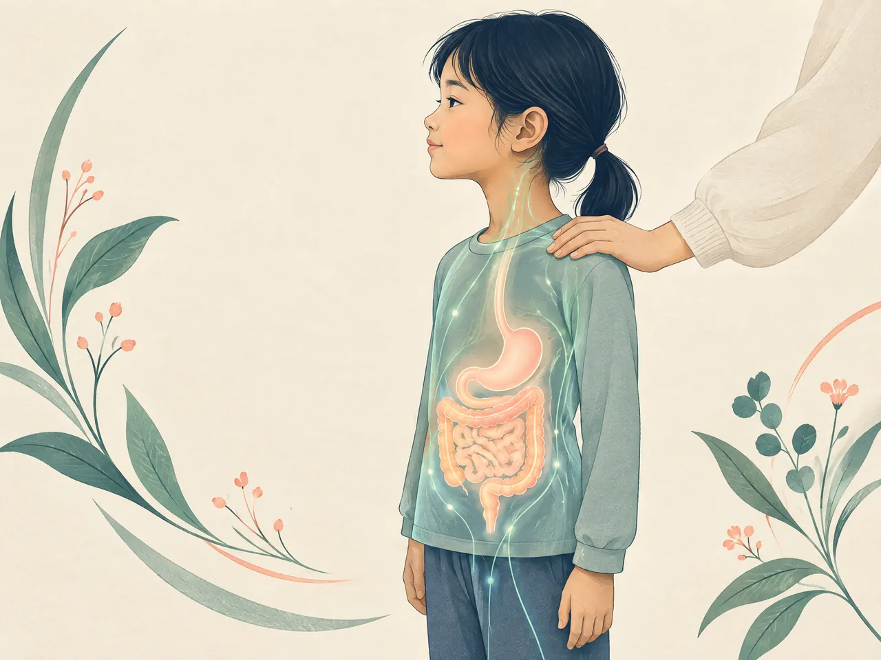 paediatrics in CM — Calm school-age child in profile with a gentle translucent digestive-organ illustration and jade meridian-like lines, reassured by a parent’s hand — Hong Kong