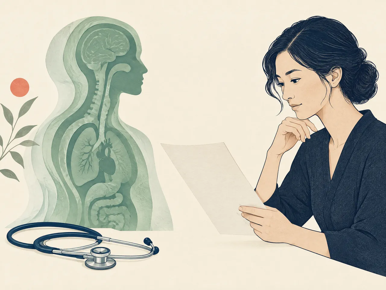 TCM Lab health information — An adult reading a blank health-information sheet beside a layered anatomical silhouette and stethoscope, illustrating that general information is not an individual diagnosis — Hong Kong