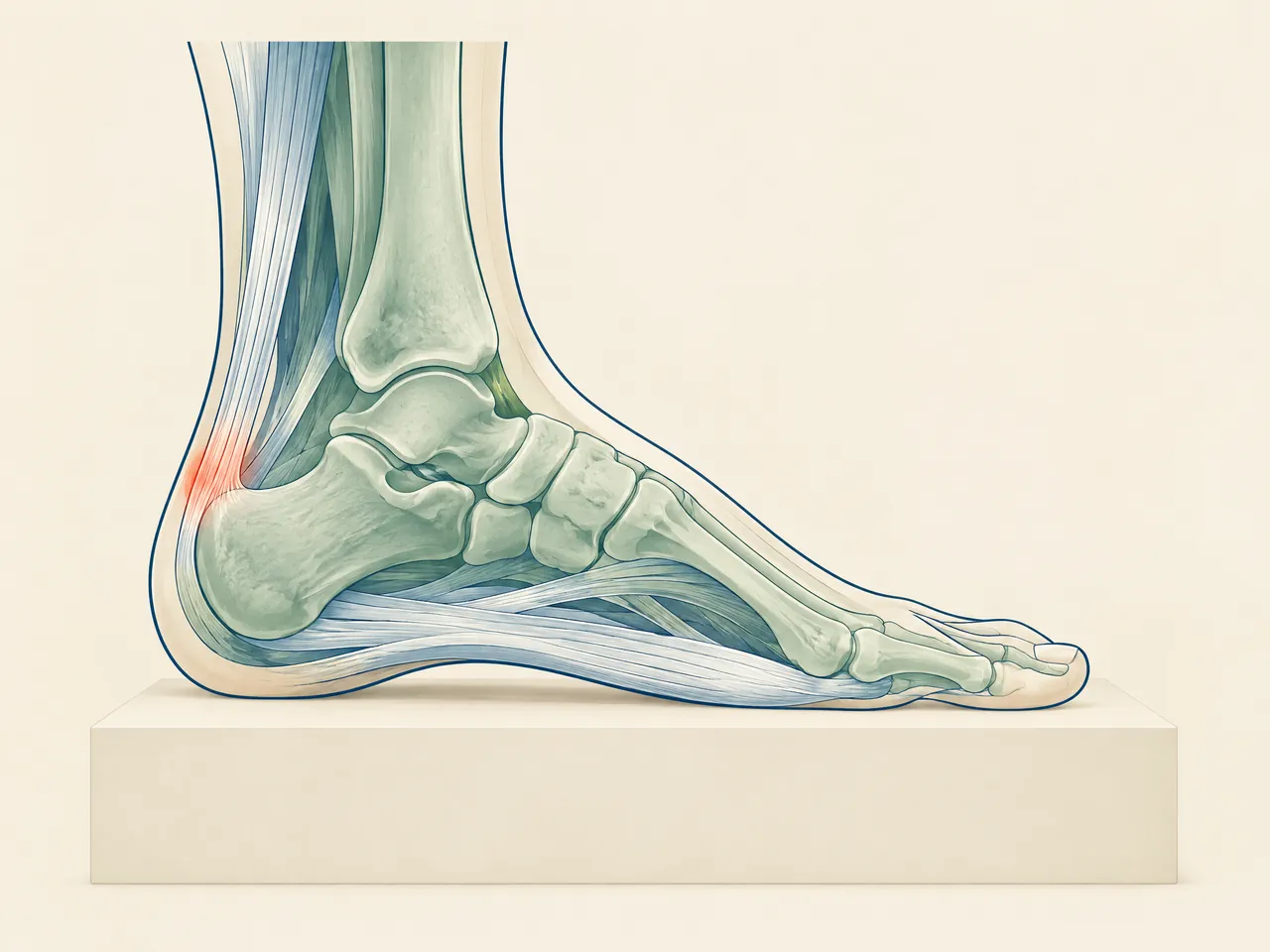 recurrent ankle sprains — Layered lateral anatomy illustration of a foot and ankle, showing the heel, ankle bones, plantar fascia and Achilles tendon with a subtle coral heel highlight — Hong Kong