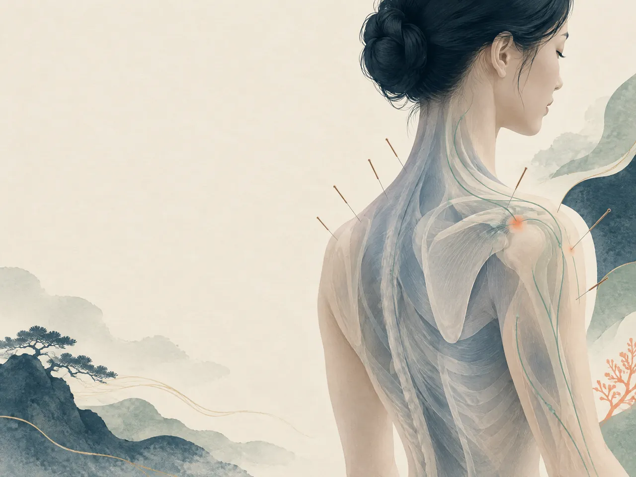 acupuncture for herniated disc — An editorial anatomical shoulder and upper-back illustration with fine acupuncture needles, jade contour lines, and a restrained coral focal accent — Hong Kong