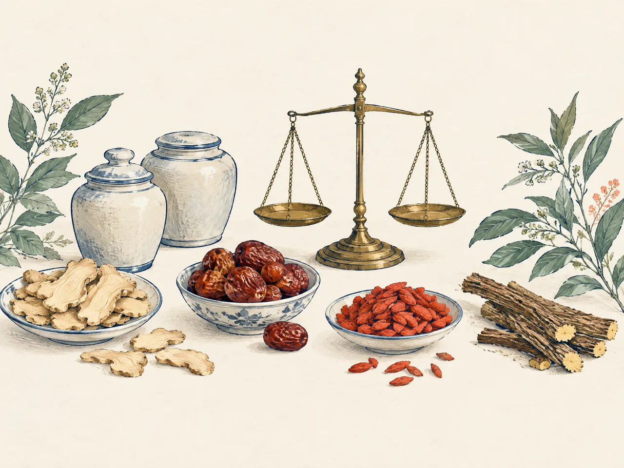 Chinese herbal medicine — Curated dried ginger, red dates, goji berries and licorice root arranged with unlabeled apothecary jars and a brass balance scale — Hong Kong