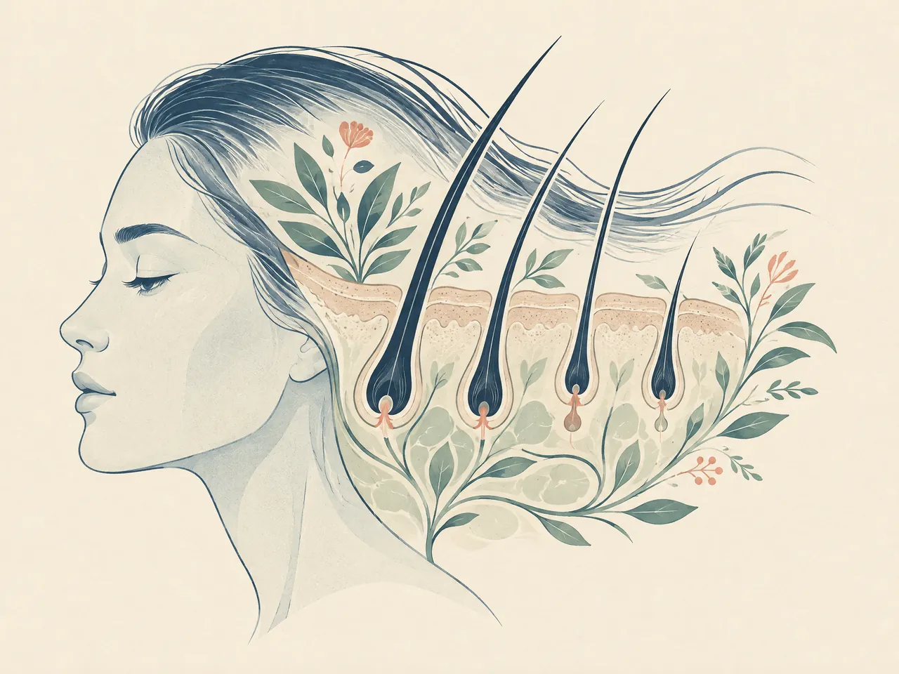 patchy hair loss — A side-profile head with a calm scalp cutaway showing hair follicles and roots among botanical forms — Hong Kong