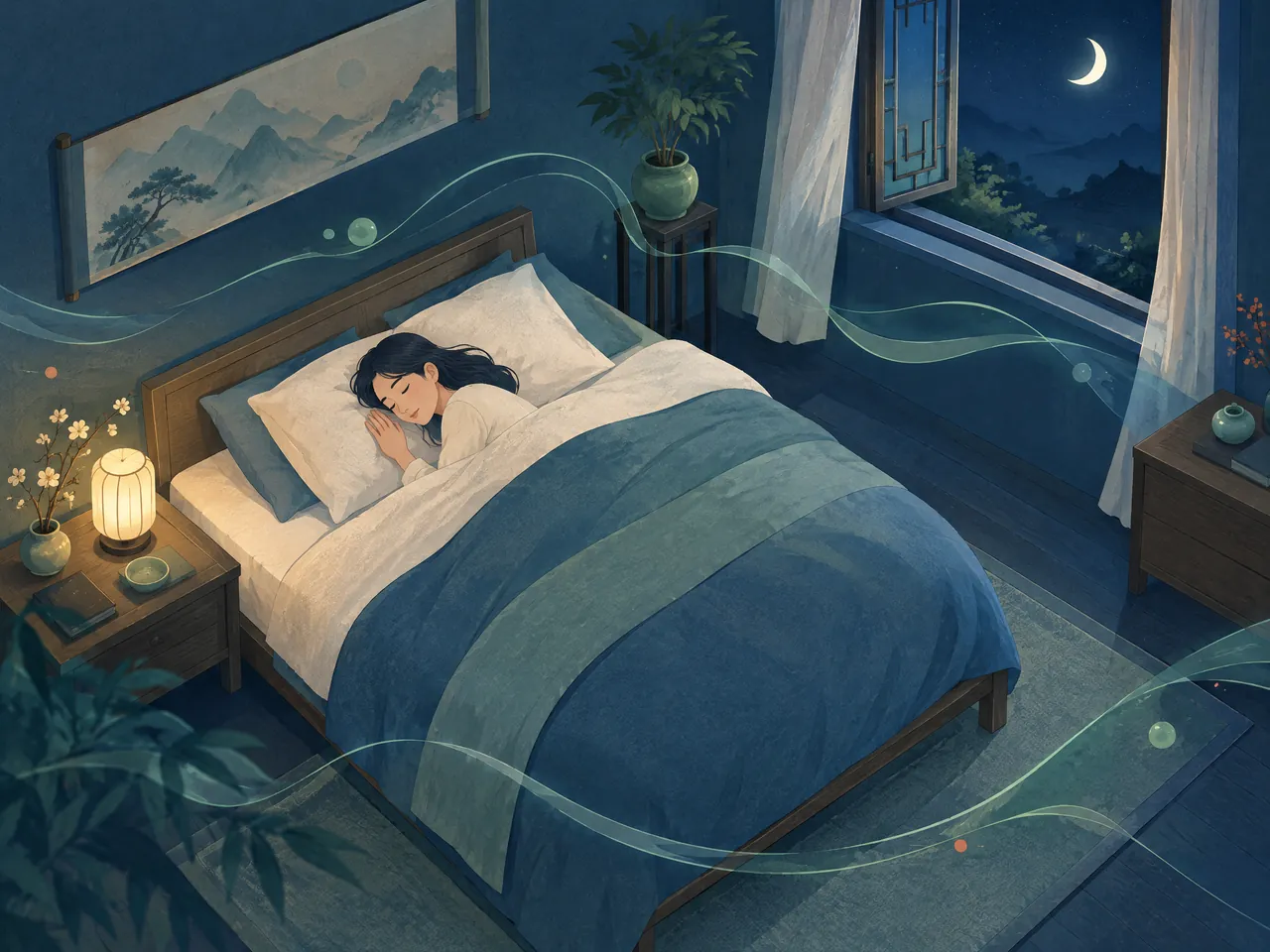insomnia assessment — A peaceful adult sleeping in a midnight-blue bedroom, with a crescent moon beyond an open window and subtle jade night-rhythm lines — Hong Kong