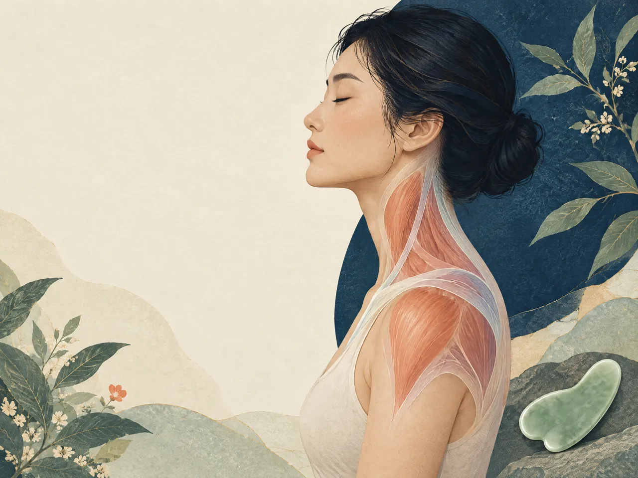 body gua sha — A calm side-profile portrait with a simplified neck and upper-shoulder muscle overlay, accompanied by a jade gua sha tool — Hong Kong