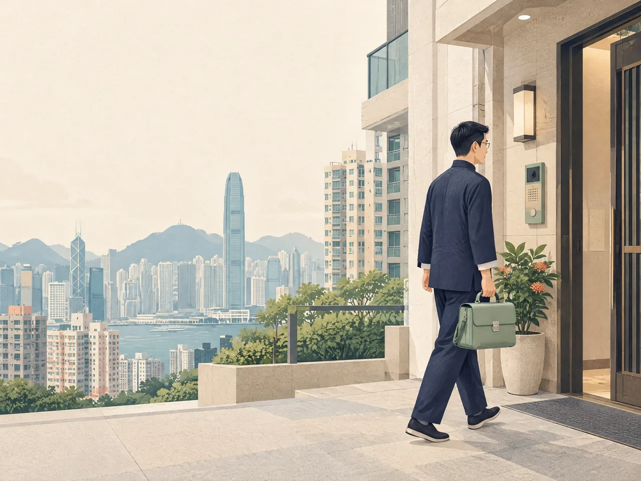 home visit Chinese medicine Hong Kong — A Chinese medicine practitioner arriving at a Hong Kong residential doorway with a compact home-visit case — Hong Kong