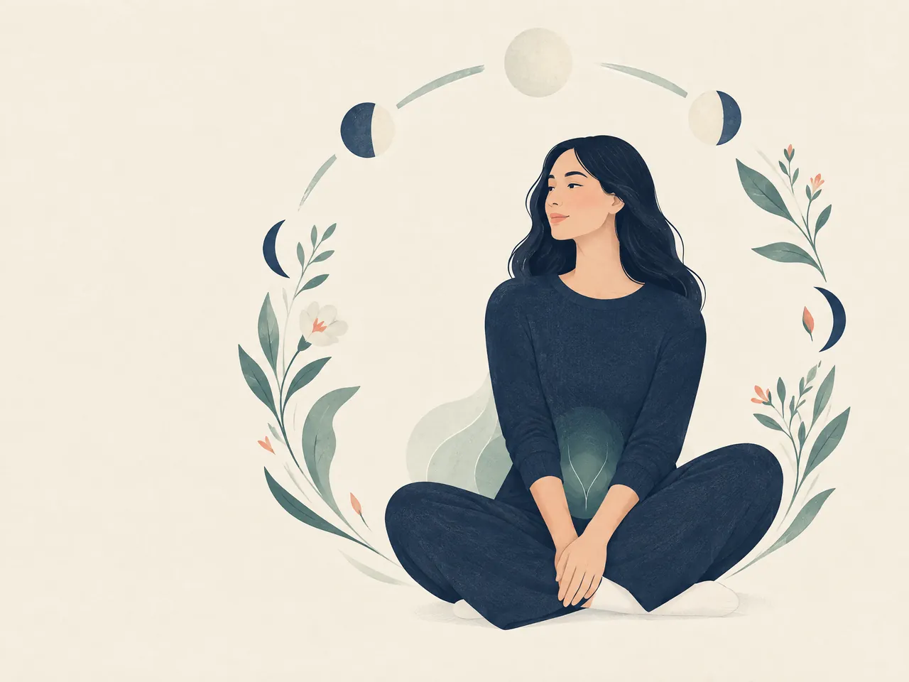 Chinese medicine postnatal assessment — A fully clothed woman sits calmly within a botanical lunar-cycle motif, representing private hormonal-cycle self-care — Hong Kong