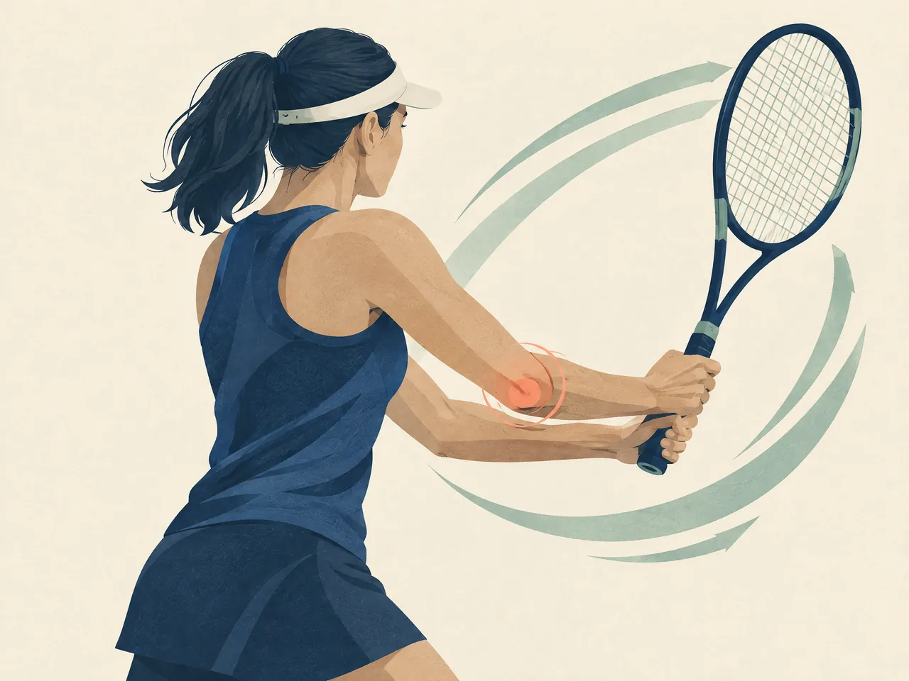 tennis elbow TCM — Tennis player preparing a backhand, with repeated racquet motion and the outside elbow gently highlighted — Hong Kong