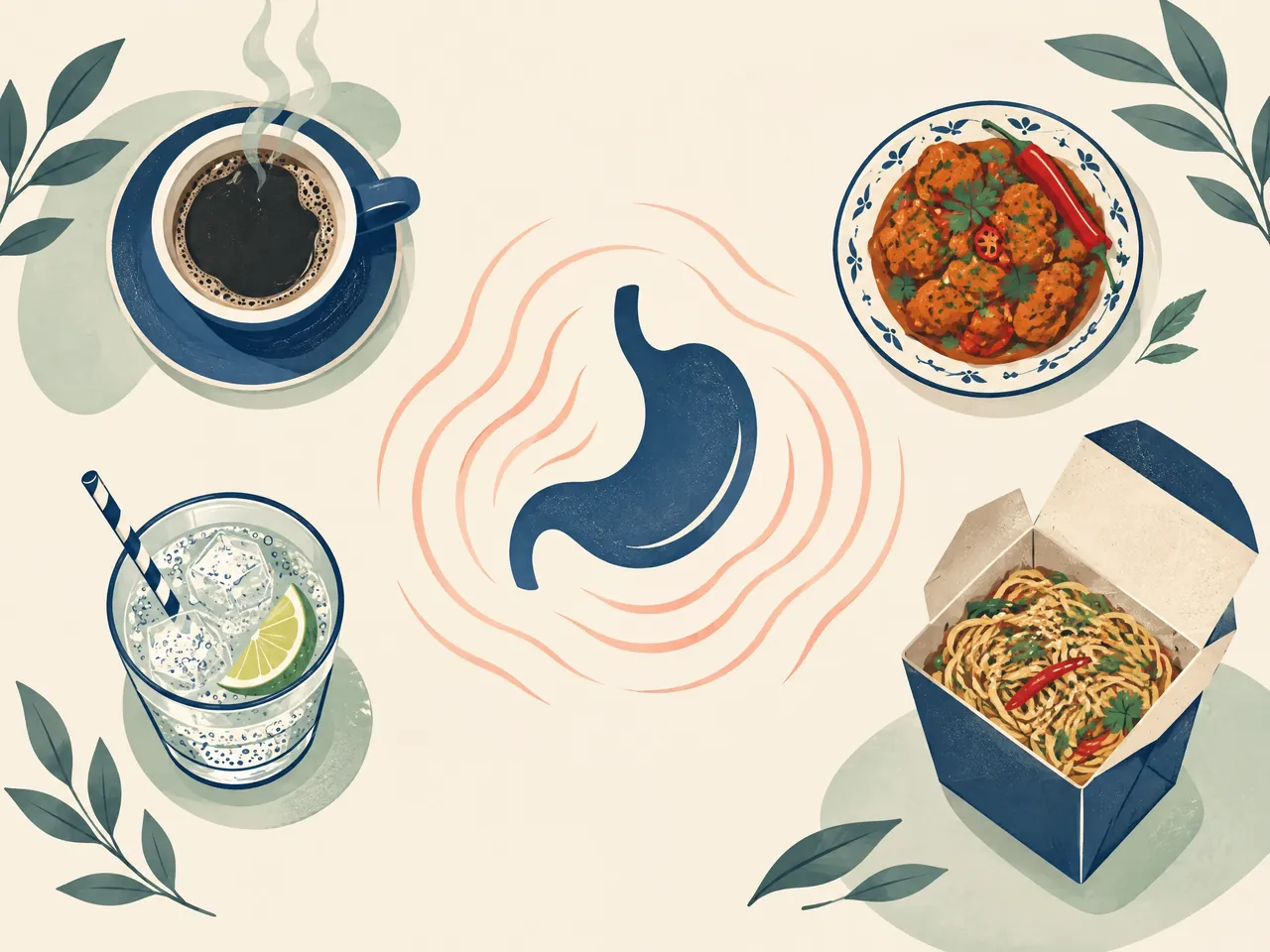 IBS acupuncture — An overhead still life of coffee, spicy food, a fizzy drink and takeaway surrounding an abstract stomach, representing possible everyday digestion triggers — Hong Kong