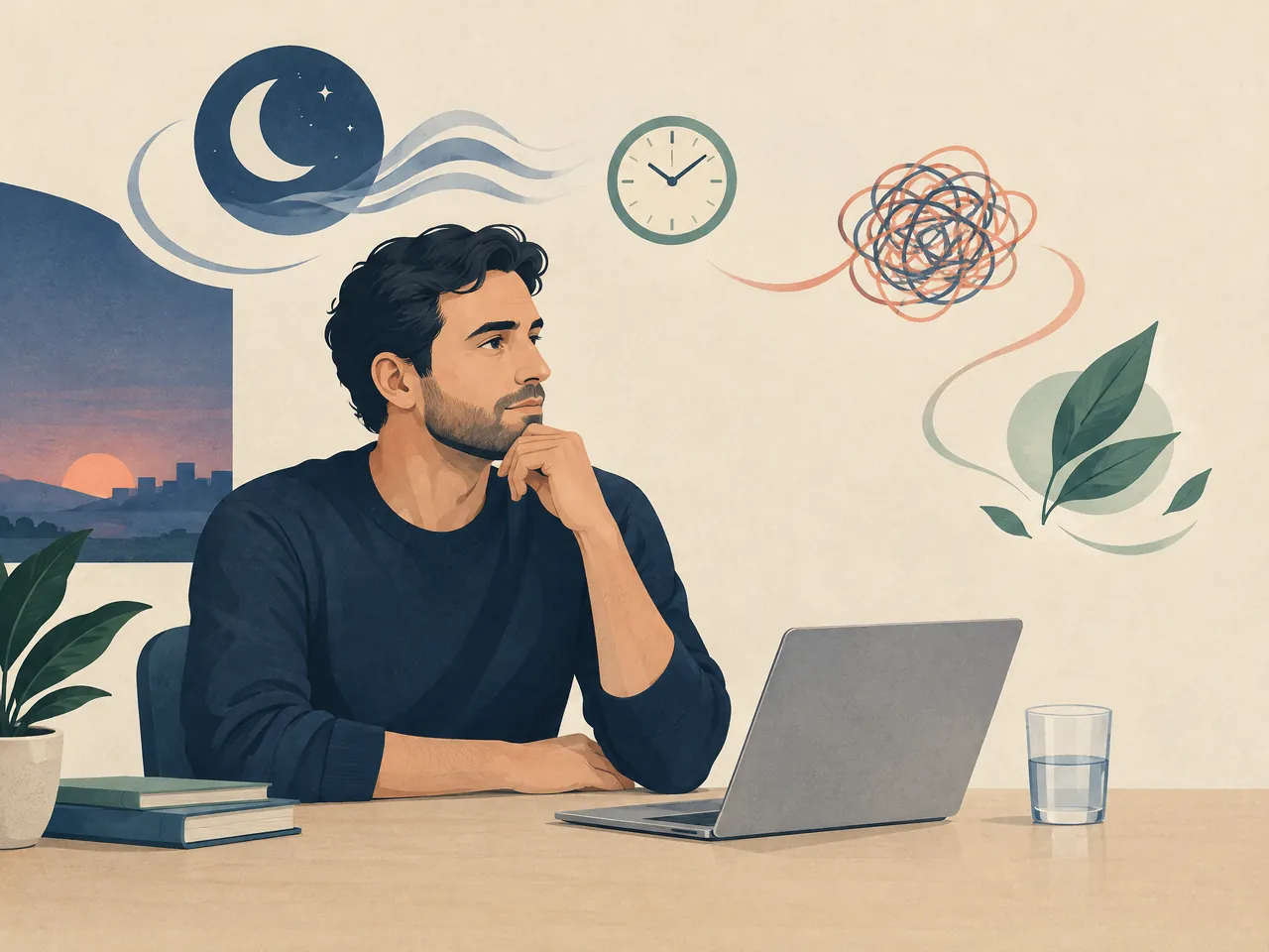 when should I seek urgent help for difficulty urinating — A man at a desk with calm visual motifs for sleep, time, stress and hydration, illustrating everyday wellbeing influences — Hong Kong