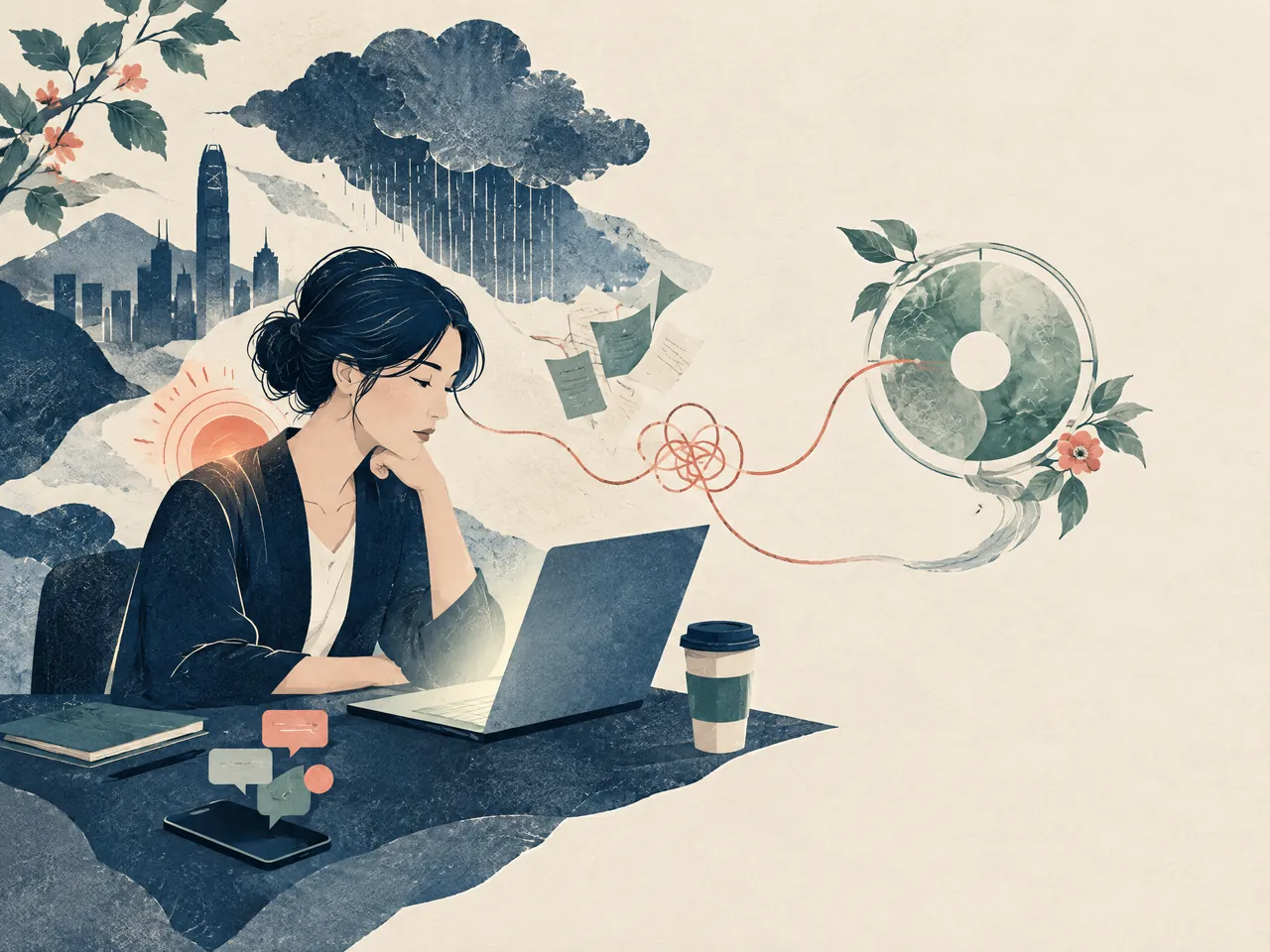 Kwun Tong Chinese medicine clinic — An adult at a laptop with symbolic urban rain, messages, coffee and a tangled thread suggesting everyday stressors — Hong Kong
