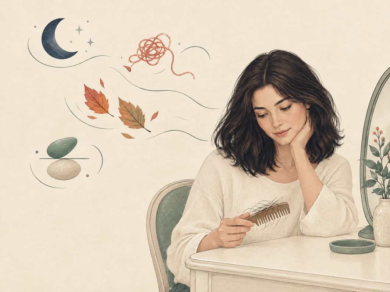 patchy hair loss — An adult noticing loose hairs on a comb, surrounded by visual motifs for sleep, stress, seasonal change, and balance — Hong Kong