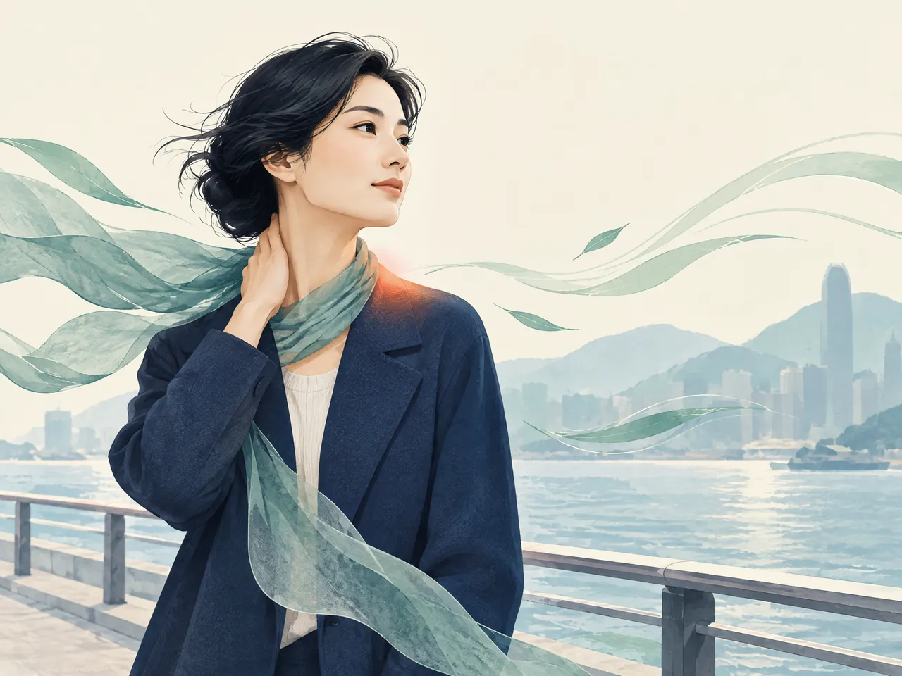 acupuncture for rounded shoulders — Adult on a breezy Hong Kong waterfront holding the side of the neck, with flowing jade air currents around the shoulder — Hong Kong