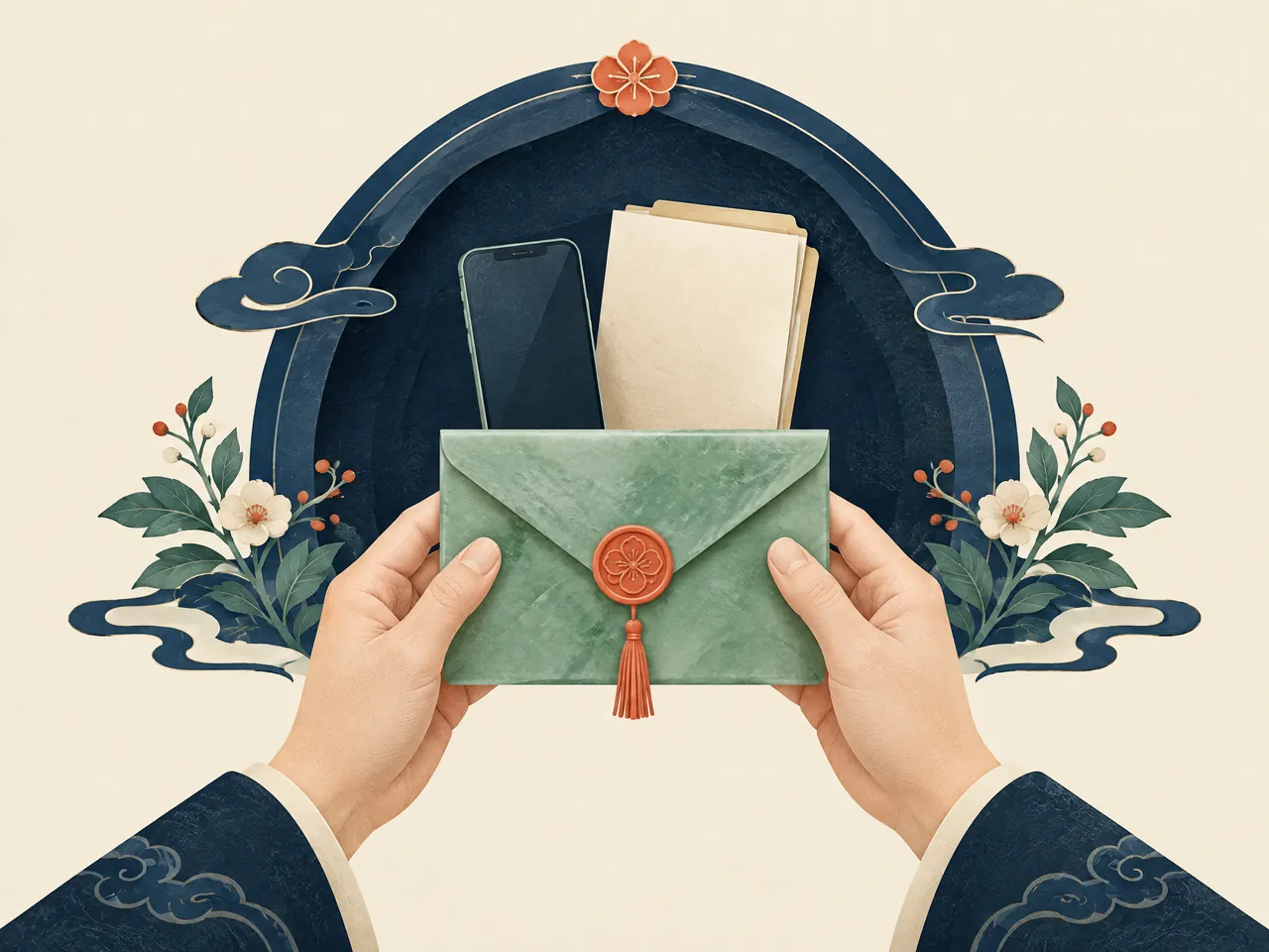 TCM Lab health information — Hands holding a sealed jade envelope containing a plain phone and paper file beneath a protective arch, representing careful privacy handling for enquiries — Hong Kong