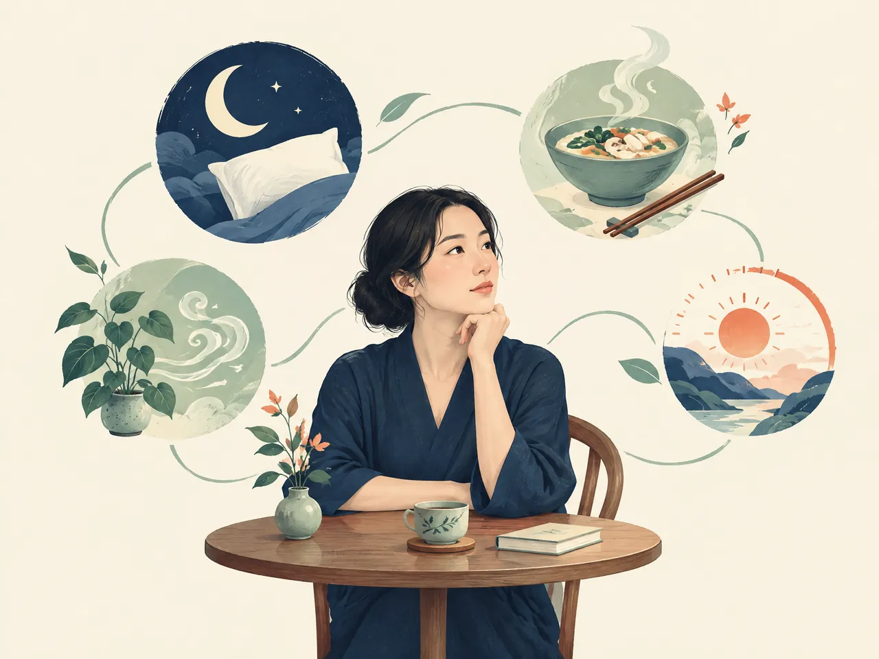 What should I ask before acupoint embedding? — A thoughtful adult is surrounded by symbolic sleep, meal, stress, and day-rhythm cues — Hong Kong