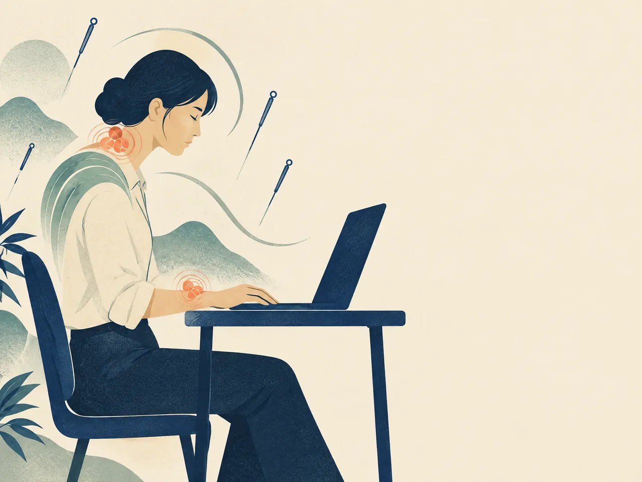 acupuncture for herniated disc — An office worker at a desk with illustrated neck and wrist strain motifs and conceptual acupuncture needle forms — Hong Kong