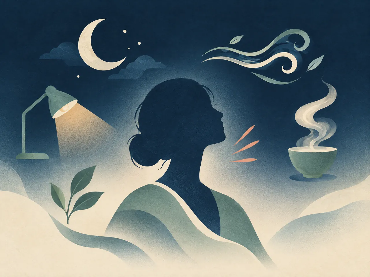 muscle strain red flags — An abstract profile surrounded by moon, lamp, breeze, tea steam and leaf motifs to explore possible everyday triggers — Hong Kong