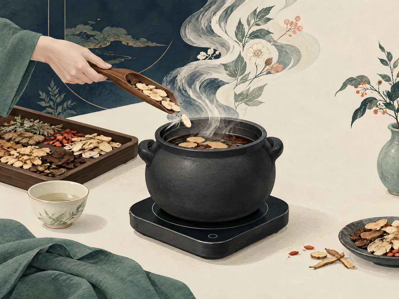 Chinese herbal medicine — A hand adds sorted botanical slices to a gently steaming ceramic herbal decoction pot beside a porcelain cup — Hong Kong
