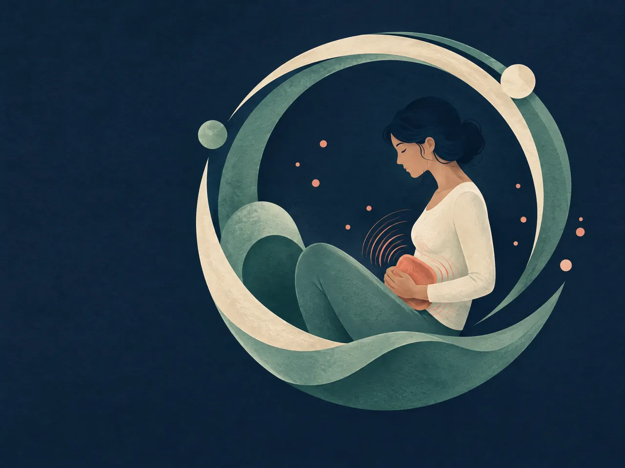 sciatica diagnosis and examination — Woman with a warm compress inside an abstract lunar cycle of jade and cream arcs, with quiet coral discomfort ripples — Hong Kong