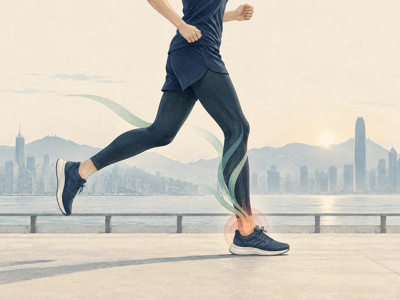 recurrent ankle sprains — Runner landing on a waterfront promenade, with a restrained coral ankle-load halo and jade movement ribbon along the lower leg — Hong Kong