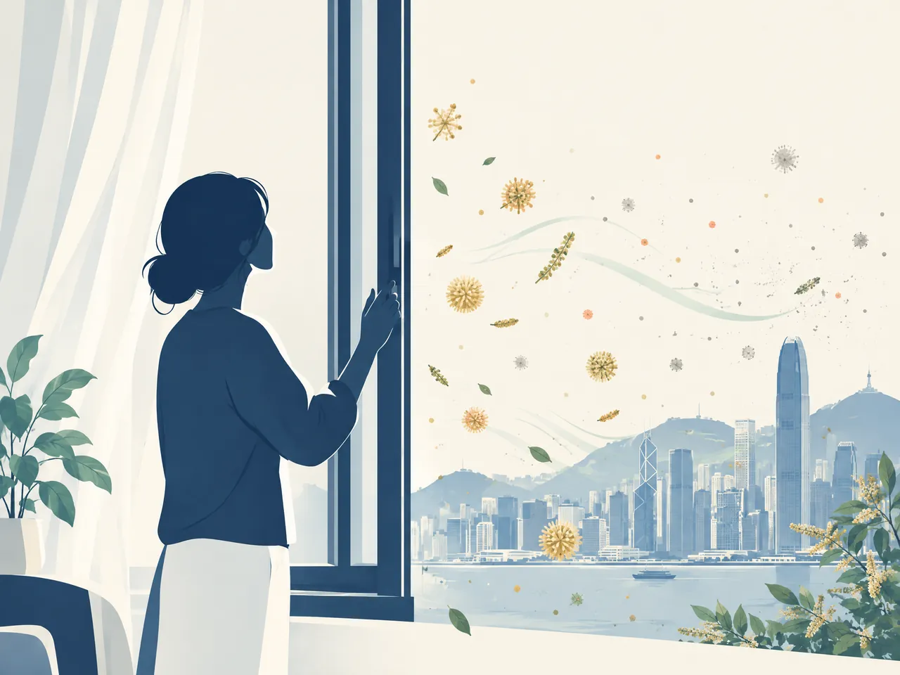 non-allergic rhinitis — An apartment resident closing a window while pollen-like botanical particles and urban dust drift outside over Hong Kong — Hong Kong