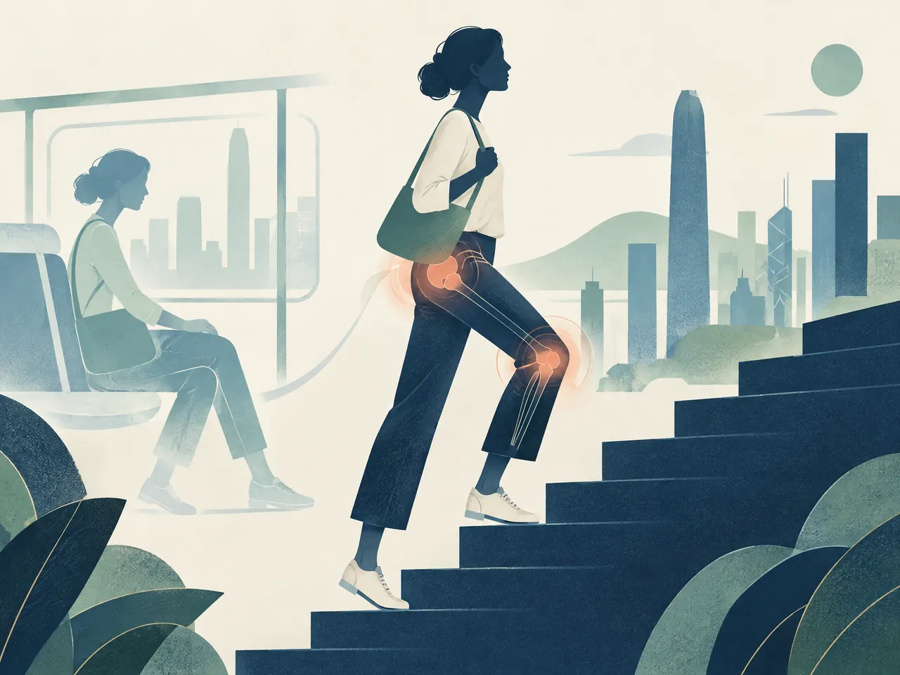 does acupuncture help hip pain — Adult climbing steps with a seated commute echo, showing everyday hip and knee loading in a stylised city setting — Hong Kong