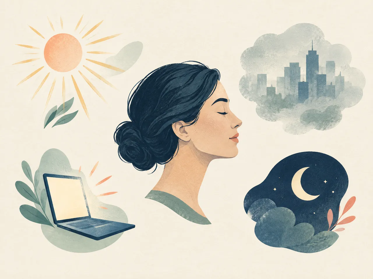 acne scar types — A calm facial profile surrounded by conceptual everyday stressors: sunlight, urban haze, laptop use and evening rest — Hong Kong