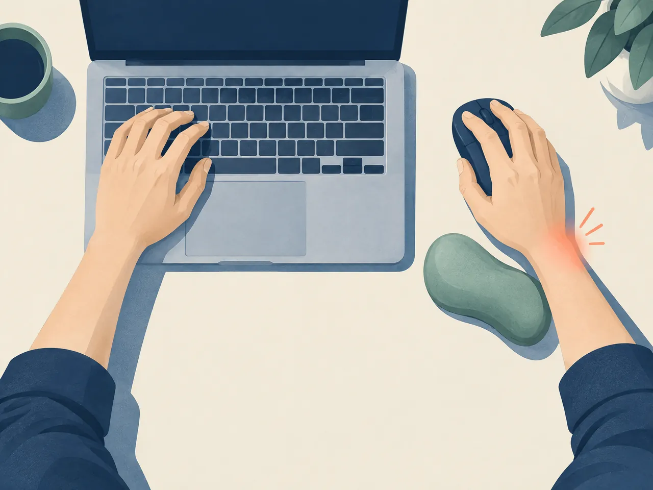 wrist pain — An overhead workstation scene showing hands on a laptop keyboard and mouse, a wrist support, and a coral signal at the mouse wrist — Hong Kong