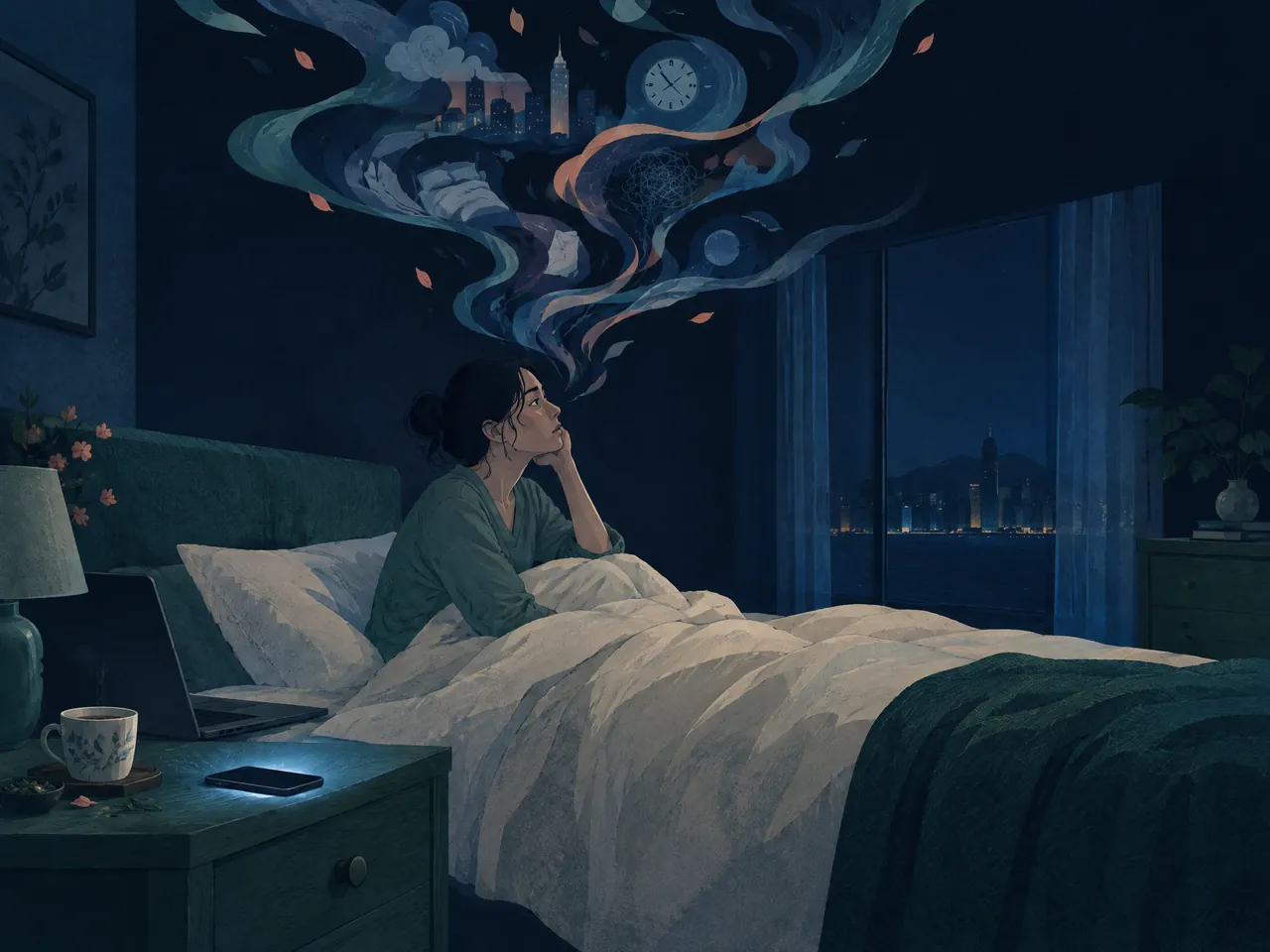 insomnia assessment — An adult awake in bed with a glowing phone and laptop nearby while abstract thought ribbons fill the night sky above — Hong Kong