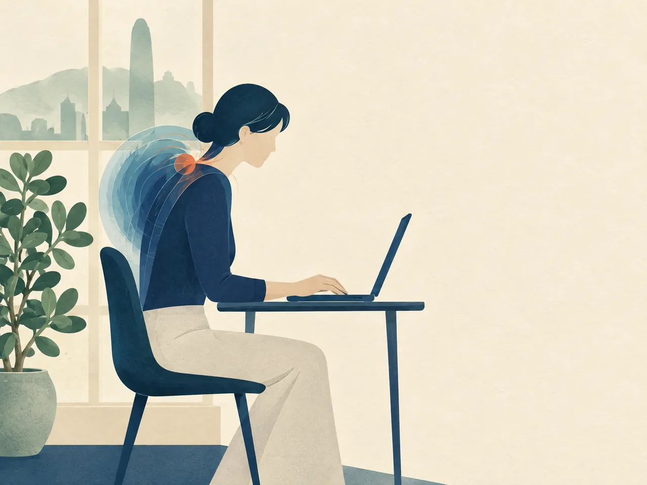 tui-na Hong Kong — Office worker at a laptop with posture-related shoulder load shown as layered arcs — Hong Kong