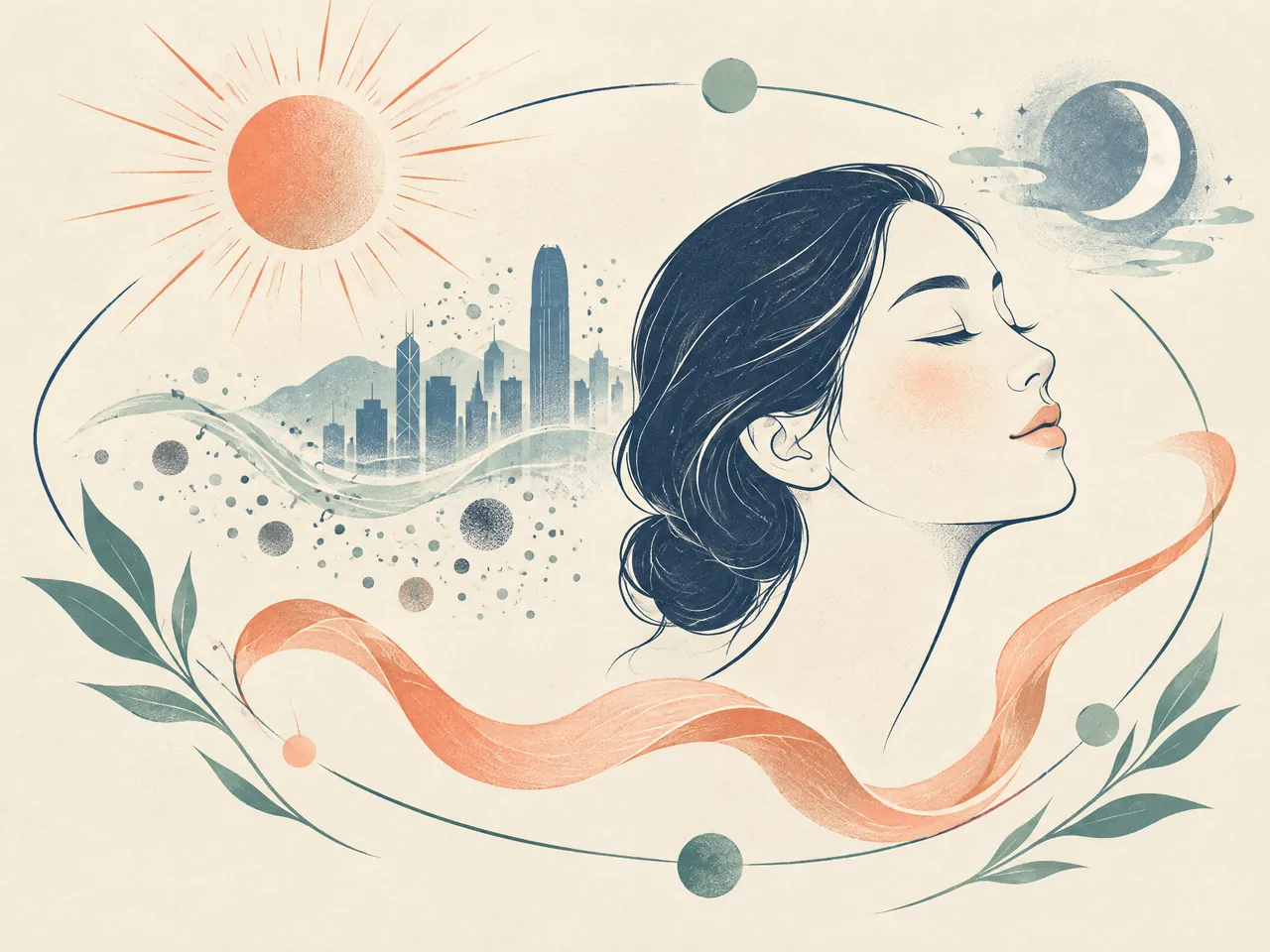 eczema itching relief — Facial profile surrounded by sunlight, city air particles, a moon, and flowing ribbons representing everyday skin stressors — Hong Kong