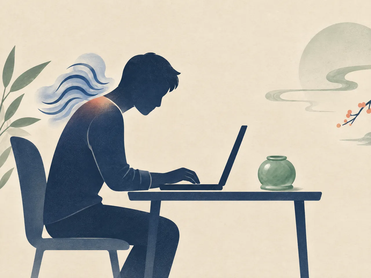 cupping therapy Hong Kong — An office worker leaning toward a laptop, with flowing shoulder-tension lines and a jade cupping vessel nearby — Hong Kong