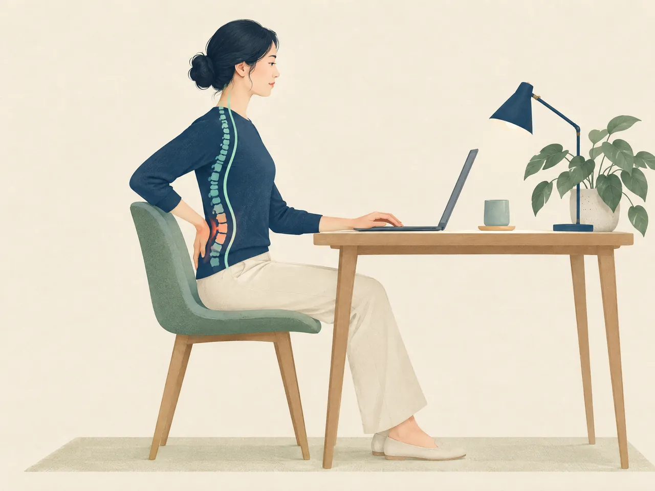 how does acupuncture help back pain — A desk worker in side profile at a laptop, with a gently highlighted spine and lower-back tension cue illustrating seated daily load — Hong Kong